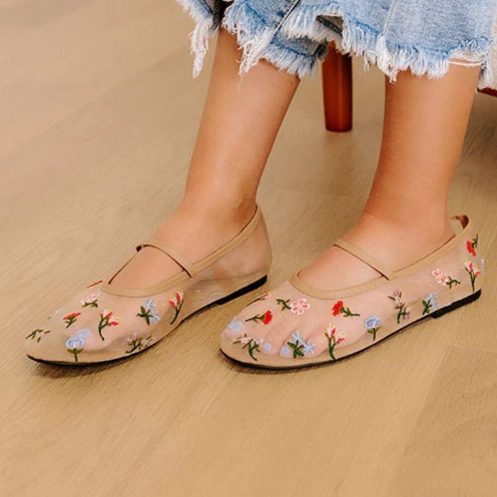 Atalina Embroidered Floral Mesah Mary Jane Flats - Nude/Blush - NWT - Picture 4 of 10